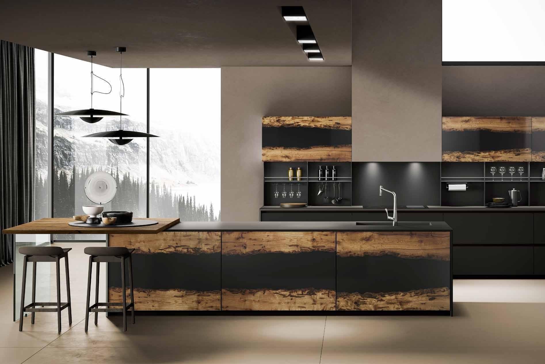 Détail d’une cuisine Kiluxe : gorge continue, plan en marbre et façade en bois brossé